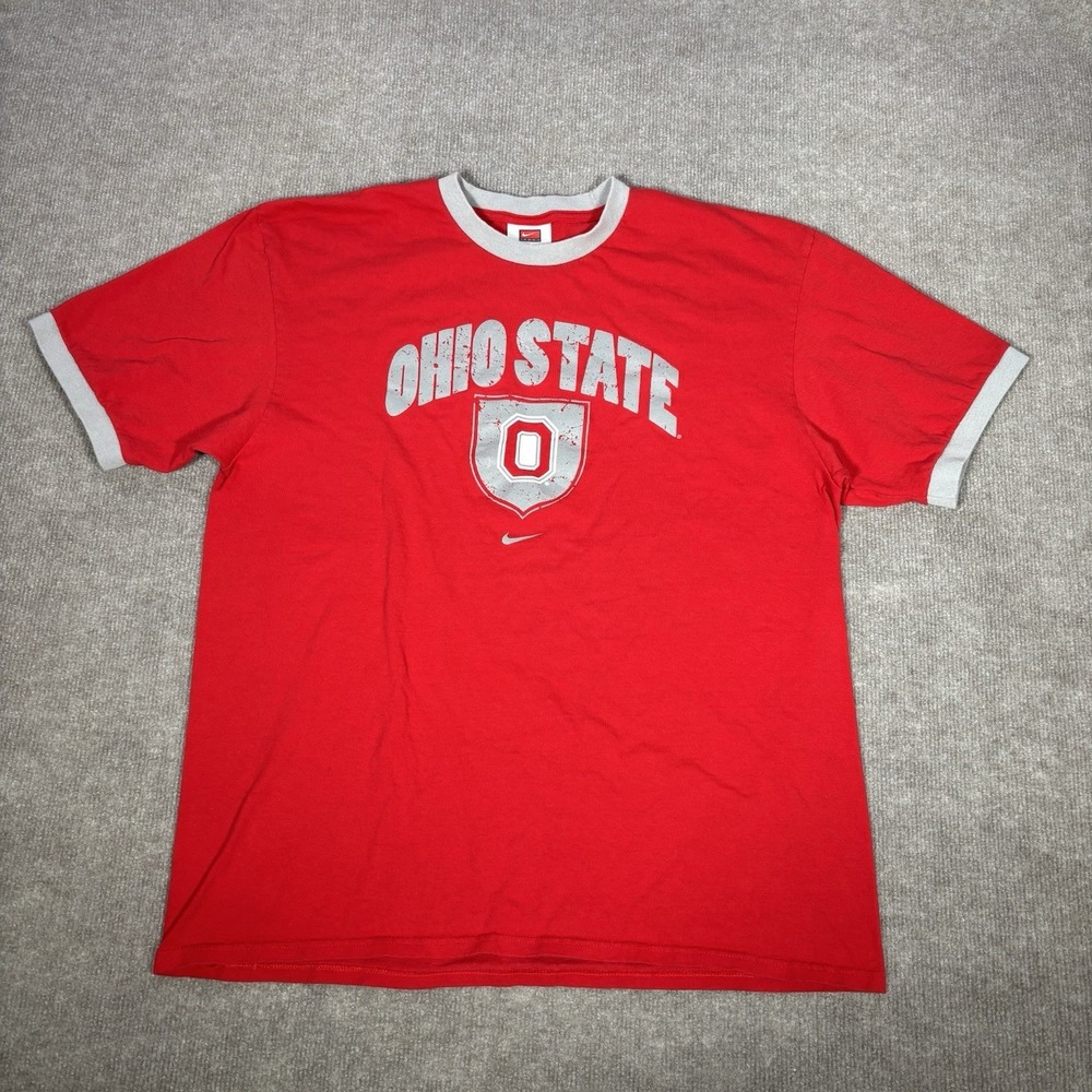 Vintage Nike Ohio State Buckeyes T Shirt Mens L Red Ringer Center Swoosh Y2K - Picture 2 of 9